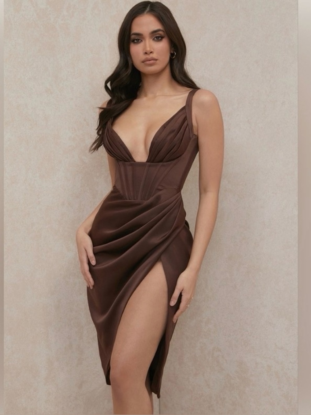 House of CB Chocolate Brown Satin Pleated Bust Midi Dress M
